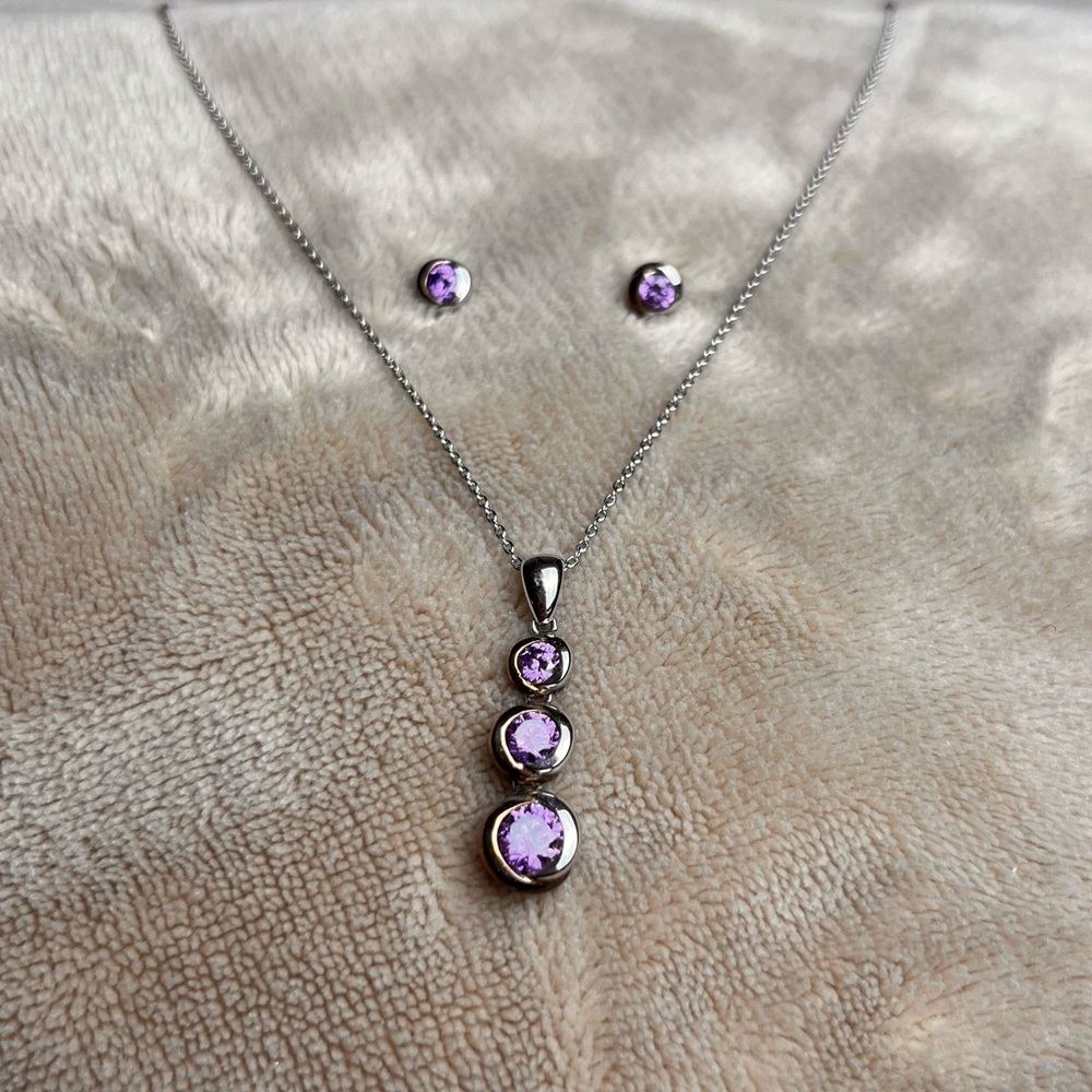 925 Sterling Silver Purple Amethyst Round Crystal Dangle Earrings and Necklace